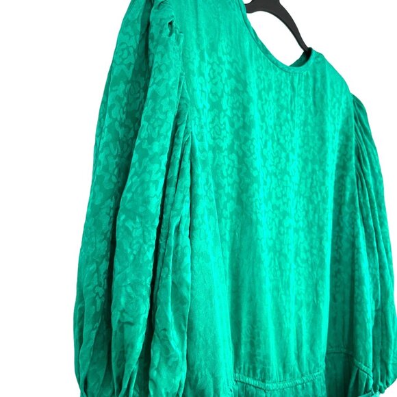 Vtg Garfinckels Green Silk Dress 80s Womens 6 Jacquard Print Puff Sleeve Pleated - Picture 3 of 12